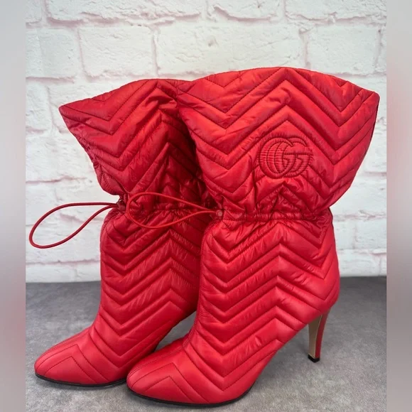 Gucci Gg Matelasse 95mm Red Nylon Slouchy Quilted Heeled Boots - Picture 1 of 13